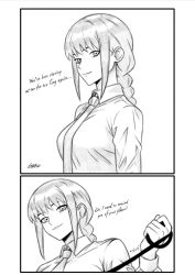  1girl braid braided_ponytail chainsaw_man closed_mouth collared_shirt english_commentary english_text graphicthereal greyscale highres holding holding_leash leash long_hair long_sleeves looking_at_viewer makima_(chainsaw_man) monochrome necktie shirt sidelocks solo 