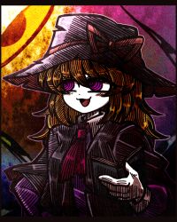  1girl :d @_@ alternate_costume ascot black_capelet black_hat blonde_hair blush blush_stickers book capelet collar cosplay dress hair_between_eyes hat hat_ribbon holding holding_book long_dress long_sleeves maribel_hearn pink_ascot purple_dress red_ribbon ribbon sleeve_cuffs smile smug solo suenari_(peace) touhou usami_renko usami_renko_(cosplay) white_collar 