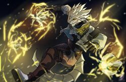  1boy antal_(arknights) arknights arknights:_endfield artist_logo black_pants closed_mouth colored_sclera drone electricity enfys_ellezard english_commentary furry furry_male holding holding_wand jacket lizard_tail logo male_focus pants reptile_boy slit_pupils tail wand white_jacket yellow_sclera 