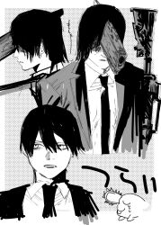  1boy chainsaw_man collared_shirt gun gun_fiend_(chainsaw_man) hair_down hayakawa_aki highres jacket male_focus medium_hair mitsuru_time necktie pochita_(chainsaw_man) rifle shirt suit suit_jacket topknot weapon 