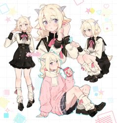  1girl accessories ahoge animal_ears blonde_hair blush braid bug butterfly drinking drinking_straw earrings full_body goat_ears goat_girl goat_horns goat_tail hair_between_eyes hair_over_shoulder highres holding holding_juice_box horns jewelry juice_box long_hair multiple_expressions multiple_views neckerchief original putting_on_earrings putting_on_jewelry red_pupils school_uniform side_braid simple_background single_braid sitting socks sui_(suizilla) sweater tail twitter_username variations violet_eyes white_socks 