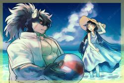  1boy 1girl animal_ears ball beach beachball black_hair blue_sky claws closed_eyes closed_mouth clouds cloudy_sky commentary dog_boy dog_ears dress furry furry_male fusehime_(housamo) fuyodo hand_on_headwear hat highres holding holding_ball holding_beachball long_hair looking_at_another ocean open_mouth ponytail scar scar_on_cheek scar_on_chest scar_on_face shino_(housamo) shirt sky smile sun_hat tokyo_afterschool_summoners unbuttoned unbuttoned_shirt watermark white_dress white_shirt 