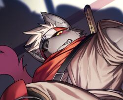  1boy animal_ears colored_sclera dog_boy dog_ears furry furry_male grey_hair grin headband hierotubas looking_at_viewer male_focus red_eyes red_headband red_scarf scarf sheath sheathed smile sword sword_on_back tadatomo_(housamo) tokyo_afterschool_summoners weapon weapon_on_back yellow_sclera 