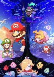  2girls 5boys blonde_hair blue_dress blue_eyes blue_overalls bowser bowser_jr. brown_hair closed_mouth commentary crown dress facial_hair green_hat green_shirt hair_over_one_eye hanaon hat highres holding holding_mini_person holding_paintbrush holding_wand ink long_hair luigi luma_(mario) mario mask mini_person mouth_mask multiple_boys multiple_girls mustache off-shoulder_dress off_shoulder open_mouth overalls paintbrush pink_dress red_hat red_luma red_shirt red_toad_(mario) rosalina shirt short_hair super_mario_bros. symbol-only_commentary the_super_mario_galaxy_movie toad_(mario) wand 