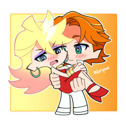  1boy 1girl blonde_hair blue_eyes blush bracelet brief_(psg) commentary_request dress earrings green_eyes hashtag hetero highres hoop_earrings jewelry korean_commentary official_style orange_hair panty_&amp;_stocking_with_garterbelt panty_(psg) princess red_dress red_shoes shoes smile sostenuto0 sweatdrop 