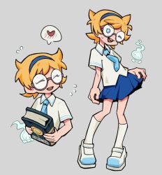  1girl ;d blue_eyes blue_hairband blue_necktie blue_skirt book closed_eyes collared_shirt freckles glasses hairband heart highres holding holding_book kneehighs little_witch_academia looking_at_viewer lotte_jansson multiple_views necktie one_eye_closed open_mouth orange_hair school_uniform shirt shoes short_hair short_sleeves skirt smile socks spirit spoken_blush spoken_heart sweatdrop white_shirt white_shoes white_socks yihe_mi 