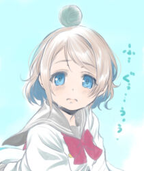  1girl ball blue_background blue_eyes bow bowtie brown_hair crying crying_with_eyes_open from_side frown grey_hair grey_sailor_collar head_tilt long_sleeves looking_at_viewer love_live! love_live!_sunshine!! necktie red_ribbon ribbon sailor_collar school_uniform serafuku shinanoya_(satanicad) short_hair simple_background tears tsushima_yoshiko upper_body uranohoshi_school_uniform v_arms watanabe_you wavy_hair winter_uniform 
