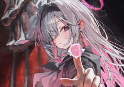  1girl arona_(blue_archive) betabeet black_bow black_eyes black_hairband black_sailor_collar black_shirt blue_archive bow closed_mouth colored_inner_hair commentary english_commentary grey_hair hair_bow hair_over_one_eye hairband halo highres long_hair long_sleeves looking_at_viewer multicolored_hair neckerchief pink_hair pink_halo red_pupils sailor_collar shirt solo two-tone_hair white_neckerchief 