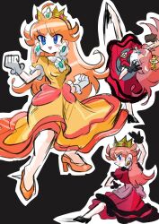  1girl black_background black_gloves blue_eyes brown_hair commentary crown dress earrings gloves highres jewelry kicking long_hair multiple_views orange_dress orange_shoes outline princess_daisy rakugaki_shitagari-ya red_dress shoes simple_background super_mario_bros. super_smash_bros. symbol-only_commentary white_gloves white_outline 