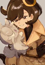  1girl black_bodysuit black_gloves black_hair blue_eyes bodysuit brown_jacket colored_sclera dark-skinned_female dark_skin emma_(pokemon) espurr gloves grey_fur highres jacket looking_at_another open_mouth piyo_(toripoke710) pokemon pokemon_(creature) pokemon_legends:_z-a purple_sclera short_hair simple_background smile tail teeth violet_eyes 