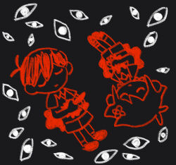  2boys antenna_hair basil_(faraway)_(omori) basil_(omori) black_background blood blood_on_clothes chibi chibi_only closed_eyes closed_mouth collared_shirt double-parted_bangs flower hair_between_eyes hair_flower hair_ornament highres holding holding_knife knife limited_palette male_focus multiple_boys omori shirt shoes short_hair shorts sidelocks simple_background socks something_(omori) spoilers stab suicide sun_iiinu sunny_(omori) sweater_vest 