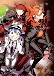 1boy 1girl 1other azazel_ameri couch formal long_hair mafia mairimashita!_iruma-kun mairimashita!_iruma-kun_mafia_au opera_(iruma-kun) opera_(marimashita!_iruma-kun) serious short_hair smile suzuki_iruma tuxedo