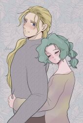  1boy 1girl beads blonde_hair blue_eyes blush brown_pants brown_shirt closed_eyes closed_mouth contemporary edgar_roni_figaro final_fantasy final_fantasy_vi green_hair grey_sweater hair_beads hair_ornament hetero highres hug hug_from_behind ika_okura_66 leaf leaf_background long_hair long_sleeves looking_at_another low_ponytail pants ponytail shirt smile sweater terra_branford turtleneck turtleneck_sweater upper_body 