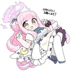  1girl :d blue_archive blue_bow blue_shoes blush_stickers bow breasts brown_eyes capelet chibi commentary_request crescent dress feathered_wings full_body hair_bun halo hands_up high_heels large_breasts long_hair low_wings mika_(blue_archive) miranofuudoria pantyhose partial_commentary pink_hair shoes simple_background single_side_bun smile solo translation_request very_long_hair white_background white_capelet white_dress white_pantyhose white_wings wings 