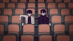 2boys black_coat black_eyes black_hair black_shirt coat collared_shirt cup elbow_rest hashtag-only_commentary highres kim_dokja knee_up len_i00 looking_at_another looking_at_viewer male_focus movie_theater multiple_boys omniscient_reader&#039;s_viewpoint open_clothes open_coat popped_collar shirt short_hair sitting upper_body white_coat yoo_joonghyuk 