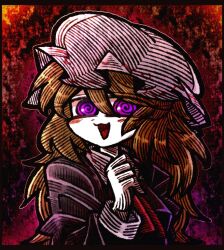  1girl @_@ ascot blonde_hair blush blush_stickers collar dress hair_between_eyes hat long_hair long_sleeves maribel_hearn mob_cap open_mouth puffy_long_sleeves puffy_sleeves purple_dress red_ascot sleeve_cuffs solo suenari_(peace) touhou violet_eyes white_collar white_hat 