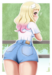  ! 1girl absurdres against_fence ass ass_focus back belt blonde_hair blue_shorts blush border breasts brown_belt cowboy_shot danzfloor denim denim_shorts fence flower from_behind gradient_hair hair_flower hair_ornament hands_up highres long_hair looking_at_viewer looking_back love_live! love_live!_superstar!! multicolored_hair onitsuka_natsumi outline outside_border pink_eyes pink_hair shirt short_bangs shorts solo thighs tree white_border white_outline white_shirt wooden_fence 