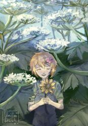  1boy alternate_costume artist_name basil_(faraway)_(omori) basil_(omori) blonde_hair blue_overalls blush closed_eyes double-parted_bangs flower green_shirt hair_between_eyes hair_flower hair_ornament highres holding holding_flower male_focus omori open_mouth overalls shirt short_sleeves sidelocks smile solo sunflower umilini2 