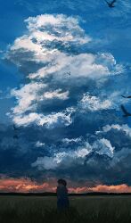  2boys banakotakemaru black_hair blue_sky cloud_focus clouds cloudy_sky commentary_request evening field film_grain grass heavy_film_grain highres hug male_focus mountainous_horizon multiple_boys mutual_hug orange_clouds original outdoors scenery short_hair simple_bird sky sky_focus standing sweater wide_shot 