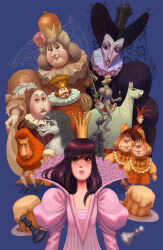  3girls 6+boys absurdres alice&#039;s_adventures_in_wonderland alice_(alice_in_wonderland) ascot black_dress black_hair blue_eyes brown_eyes brown_hair cake chess_piece crown dress egg eyelashes facial_hair flower food goatee hair_flower hair_ornament highres holding holding_polearm holding_weapon horse humpty_dumpty jester juliet_sleeves king knight lion long_hair long_sleeves medium_hair multiple_boys multiple_girls mustache pawn_(chess) pink_dress pink_flower pink_rose polearm puffy_sleeves queen queen_(chess) rose sealson siblings smile spear the_joker_(alice_in_wonderland) the_lion_(alice_in_wonderland) the_red_knight_(alice_in_wonderland) the_red_queen_(alice_in_wonderland) the_unicorn_(alice_in_wonderland) the_white_king_(alice_in_wonderland) the_white_knight_(alice_in_wonderland) the_white_queen_(alice_in_wonderland) tweedledee_(alice_in_wonderland) tweedledum_(alice_in_wonderland) twins unicorn violet_eyes weapon yellow_dress 