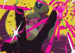  1boy colored_skin cooler_(dragon_ball) dragon_ball dragon_ball_z glowing glowing_eyes highres male_focus purple_skin red_eyes solo stktik09060906 watermark yellow_background 