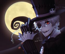  1boy black_crown crown diamond_hairband gloves hat highres jack_skellington jacket long_sleeves looking_at_viewer mai_(tyorotyoro-9) male_focus missing_tooth moon pinstripe_jacket pinstripe_pattern pinstripe_suit pinstripe_vest round_eyewear short_hair skeleton_print skully_j._graves smile solo striped_clothes striped_jacket striped_vest suit sunglasses the_nightmare_before_christmas twisted_wonderland vest white_hair 