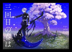  1boy aotsuki_eito armband black_jacket black_pants cherry_blossoms commentary_request cover cover_page doujin_cover falling_petals gakuran glasses gloves grey_hair holding holding_petal holding_scythe holding_weapon hole_in_chest hole_on_body jacket last_defense_academy_school_uniform looking_ahead male_focus outstretched_arm pants petals pink_petals school_uniform scythe seiran_yoroz short_hair solo the_hundred_line_-last_defense_academy- translation_request tree violet_eyes weapon white_armband white_gloves 