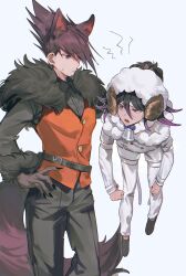  2boys absurdres animal_costume animal_ears animal_hood bell black_hair bojue_(hakus_1128) buttons danganronpa_(series) danganronpa_v3:_killing_harmony facial_hair flipped_hair goatee hair_between_eyes halloween halloween_costume hand_on_own_hip highres hood horns lifting_person long_sleeves looking_at_another male_focus midair momota_kaito multiple_boys neck_bell oma_kokichi open_mouth pants purple_facial_hair purple_hair sheep_boy sheep_costume sheep_hood sheep_horns shirt short_hair simple_background size_difference spiky_hair standing tail violet_eyes werewolf white_background wolf_boy wolf_ears wolf_tail 