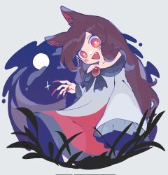  1girl animal_ears bare_shoulders brooch brown_hair clouds cloudy_sky commentary dark_foreground dress fang fingernails full_moon highres ikururu imaizumi_kagerou jewelry long_fingernails long_hair long_sidelocks long_sleeves monster_girl moon nail_polish night night_sky off-shoulder_dress off_shoulder open_mouth red_eyes red_nails sidelocks sky sleeves_past_fingers sleeves_past_wrists solo sparkle symbol-only_commentary touhou wolf_ears wolf_girl 