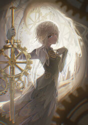  1girl absurdres blue_eyes clock dress e.g.o_(project_moon) ely_(elylyyyyyy) everlasting_(e.g.o) faust_(project_moon) gear_hair_ornament gears highres holding holding_sword holding_weapon limbus_company looking_at_viewer project_moon short_hair solo sword time_duck veil weapon white_dress white_hair white_veil 
