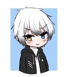  1boy black_jacket blue_background blue_eyes border chibi chinese_commentary commentary cropped_torso drawstring grey_hair hair_between_eyes heterochromia hood hood_down hooded_jacket jacket looking_at_viewer male_focus natsuginji open_clothes open_jacket original parted_lips pointy_ears shirt smile solo thick_eyebrows upper_body v-shaped_eyebrows white_border white_shirt yellow_eyes 