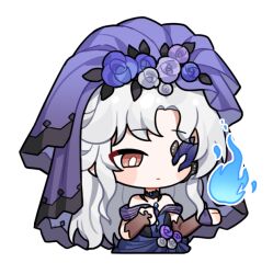  1girl artist_request black_choker blue_dress blue_fire blue_flower blue_gloves blue_rose blue_veil blush_stickers bridal_veil bride bright_pupils brown_arm_warmers brown_eyes chibi choker closed_mouth cropped_legs dress dress_flower fingerless_gloves fire flower gloves grey_flower grey_rose half-closed_eye hand_on_own_chest hat hat_flower infinity_nikki lace lace_choker leaf long_hair looking_at_fire nameless_selfless_(infinity_nikki) nikki_(series) off-shoulder_dress off_shoulder official_art one_eye_covered parted_bangs purple_flower purple_rose purple_sleeves pyrokinesis rose sad short_sleeves sidelocks single_fingerless_glove single_glove solo striped_sleeves transparent_background veil very_long_hair wavy_hair wedding_dress white_hair white_pupils 