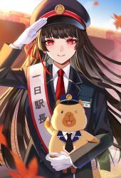  1girl absurdres black_hair black_hat black_jacket capybara chisa_(wuthering_waves) closed_mouth commentary_request gloves hair_ribbon hat highres jacket long_hair long_sleeves looking_at_viewer mole mole_under_eye necktie red_eyes red_necktie red_ribbon ribbon salute sash smile solo toi_pngr upper_body very_long_hair white_gloves wuthering_waves 