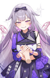  1girl 1other :d absurdres aotake_iro asymmetrical_sleeves black_skirt bow center-flap_bangs collared_shirt colored_inner_hair commentary cropped_shirt detached_sleeves detached_wings disembodied_hand double-parted_bangs english_commentary gradient_hair grey_hair hair_bow hair_flaps hand_grab highres hololive hololive_english hololive_idol_uniform_(color_rise) idol_clothes jewel_under_eye koseki_bijou long_hair looking_at_viewer metal_wings mismatched_sleeves multicolored_hair multicolored_shirt official_alternate_costume open_mouth puffy_detached_sleeves puffy_short_sleeves puffy_sleeves purple_hair purple_shirt shirt short_sleeves simple_background single_detached_sleeve single_sleeve skirt smile solo_focus very_long_hair violet_eyes virtual_youtuber white_background wings 