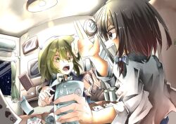  2girls air_conditioner black_eyes blush bow brown_hair can card celebration clock collar dress drink fang hair_bow holding holding_can indoors light_bulb maribel_hearn multiple_girls muraryo night night_sky no_headwear open_mouth playing_card purple_dress shirt short_hair sky sleeve_cuffs star_(sky) television touhou usami_renko water_drop white_bow white_collar white_shirt window yellow_eyes 