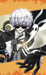  2boys absurdres black_crown crown diamond_hairband highres imada_6800 jacket long_sleeves looking_at_viewer male_focus multiple_boys pinstripe_pattern pinstripe_suit pinstripe_vest round_eyewear short_hair skeleton_print skully_j._graves smile striped_clothes striped_vest suit sunglasses the_nightmare_before_christmas twisted_wonderland vertical-striped_clothes vertical-striped_vest vest white_hair zero_(nbc) 