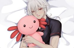  1boy a_date_with_death aegyo_sal axolotl bed black_shirt blush casper_(a_date_with_death) collared_shirt crossed_bangs hair_between_eyes hair_over_shoulder hugging_object jellyfish_cut looking_at_viewer lying male_focus muscular muscular_male official_art on_back parted_lips promotional_art red_eyes red_trim serious shirt solo stuffed_animal stuffed_toy white_hair 