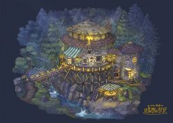  architecture beach_umbrella bridge cliff forest grass green_umbrella highres nature night no_humans original outdoors path poppo_sutchy river rock scenery steam striped_umbrella table translation_request umbrella 