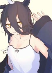  1girl 1other absurdres ahoge animal_ears bare_shoulders black_hair breasts camisole collarbone hair_between_eyes highres horse_ears horse_girl long_hair long_hair_between_eyes long_sleeves manhattan_cafe_(umamusume) minmin731_ing multicolored_hair parted_lips pov saliva simple_background single_ear_down small_breasts solo solo_focus strap_slip umamusume very_long_hair white_background white_camisole white_hair yellow_eyes 