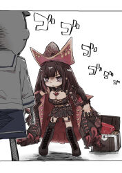  1boy 1girl azur_lane black_boots black_coat black_hair boots chibi closed_mouth coat commander_(azur_lane) doodle_commander_(azur_lane) from_behind gem_(azur_lane) gueeer315 hat highres jewelry knee_boots menacing_(jojo) multicolored_hair pirate pirate_hat purple_streaks queen_anne&#039;s_revenge_(azur_lane) ring sailor shaded_face stare_down streaked_hair treasure_chest violet_eyes 