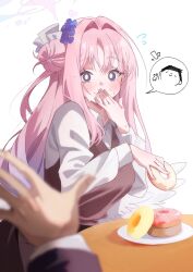  alternate_costume angel_wings blue_archive blush covering_own_mouth dilated_pupils doodle_sensei_(blue_archive) doughnut feathered_wings flower food hair_bun hair_flower hair_intakes hair_ornament halo hand_over_own_mouth highres holding holding_donut holding_food long_hair long_sleeves looking_at_viewer low_wings mika_(blue_archive) open_mouth pink_hair pink_halo sensei_(blue_archive) shirt single_side_bun surprised takamalu08_12 waving white_shirt white_wings wings 