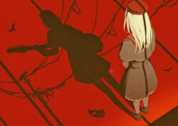  1girl 7nite absurdres bang_dream! bang_dream!_it's_mygo!!!!! beret bird black_capelet black_skirt capelet commentary different_shadow english_commentary facing_away from_above full_body green_hair guitar hat highres holding holding_guitar holding_instrument instrument long_hair long_sleeves mask mortis_(bang_dream!) mortis_(costume)_(bang_dream!) power_lines red_background red_hat shoes skirt solo standing unworn_mask utility_pole wakaba_mutsumi 