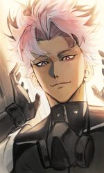  1boy absurdres aegyo_sal black_gloves black_shirt bright_pupils curtained_hair gloves hands_up highres kaijuu_no._8 logicsterrr looking_at_viewer male_focus narumi_gen red_eyes shirt short_hair smirk solo spiky_hair upper_body white_hair white_pupils 