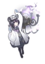  1girl arm_up belt belt_buckle black_dress black_eyes black_hair black_pantyhose black_shoes blue_gloves blunt_bangs buckle chandelure coat croca_ing dress full_body gloves gradient_hair gwynn_(pokemon) hat highres long_sleeves looking_at_viewer medium_hair mega_chandelure multicolored_hair o-ring o-ring_belt open_clothes open_coat pantyhose partially_fingerless_gloves pokemon pokemon_(creature) pokemon_legends:_z-a purple_hair shoes standing white_background white_coat 