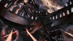  2others absurdres armor cape character_request check_copyright colosseum copyright_request debris faceless facing_another fate/apocrypha fate_(series) fighting floating floating_object floating_sword floating_weapon from_below full_body helmet highres holding holding_sword holding_weapon horns knight logicsterrr multiple_others multiple_weapons outstretched_leg rock ruins sword weapon 