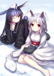  animal_ears bare_legs black_hair bunny bunny_ears bunny_tail down_blouse highres hirasato japanese_clothes long_hair looking_at_viewer multiple_girls original rabbit red_eyes short_hair sitting smile snow sweat tail white_hair wink 