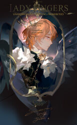  1boy ^^^ absurdres black_wings brooch crown english_text feathered_wings formal_clothes fur_trim hair_between_eyes highres jewelry liulianjingrua looking_to_the_side male_focus orange_hair original picture_frame profile short_hair solo upper_body violet_eyes wings 