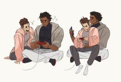  +++ 2boys :p ? ?? beard_stubble black_shirt brown_hair cellphone commentary controller covered_collarbone covered_pectorals dark-skinned_male dark_skin dingnin98201637 facial_hair game_controller grey_jacket grey_pants hair_slicked_back hand_on_another&#039;s_waist highres holding holding_controller holding_game_controller holding_phone hood hood_down hooded_jacket indian_style jacket long_sleeves looking_at_phone male_focus marvel miguel_o&#039;hara multiple_boys pants pectorals peter_b_parker phone pink_jacket playing_games sequential shirt short_hair simple_background sitting sitting_on_lap sitting_on_person sleeves_past_wrists spider-man:_across_the_spider-verse spider-man_(series) spider-verse stubble sweatpants symbol-only_commentary tongue tongue_out white_background white_pants wide_sleeves 