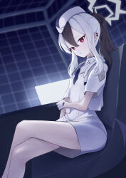 1girl absurdres aimo_wotku black_hair black_horns blue_archive blurry blurry_background bright_pupils chair commentary crossed_legs demon_girl demon_horns demon_wings double-parted_bangs dress dutch_angle ear_piercing feet_out_of_frame garrison_cap gloves grey_halo hair_between_eyes halo hat highres holding_own_arm horns indoors kayoko_(blue_archive) long_hair looking_at_viewer low_wings multicolored_hair official_alternate_costume on_chair parted_lips piercing ponytail red_eyes short_dress short_sleeves sidelocks single_wing sitting solo straight_hair tsurime two-tone_hair white_dress white_gloves white_hair white_hat white_pupils wings 