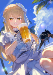  1boy 1girl beer_mug beret bib_collar blonde_hair blue_sky bow bowtie braid clouds commentary crown_braid cup double-parted_bangs dress english_commentary frilled_gloves frills gloves grin hanabatake_chaika hanabatake_chaika_(1st_costume) hat highres holding holding_cup layered_dress long_hair looking_at_viewer mug nijisanji official_alternate_costume otsudou outdoors palm_tree purple_bow purple_bowtie purple_dress sister_claire sister_claire_(10th_costume) skirt skirt_under_dress sky smile solo_focus straight_hair tilted_headwear tree tropical virtual_youtuber white_gloves white_hat white_skirt yellow_eyes 